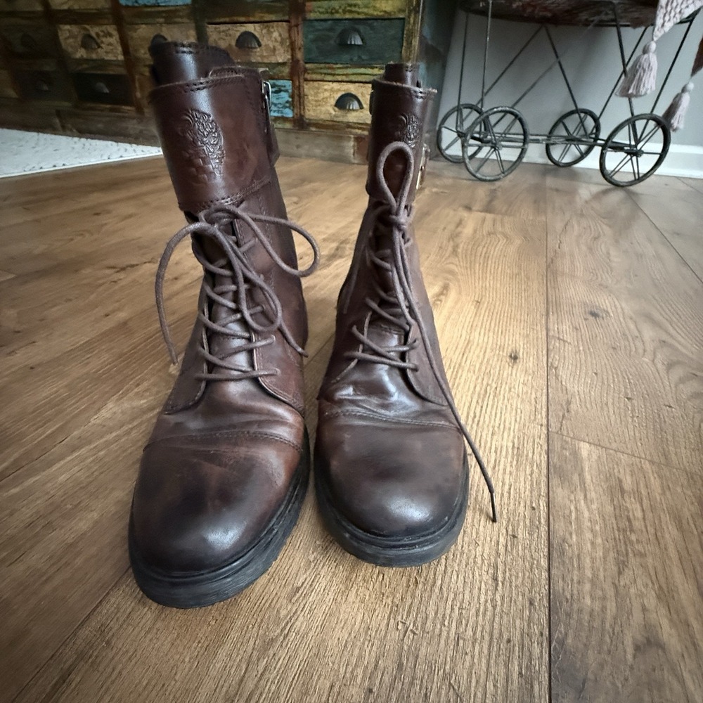 Vince Camuto Taryn Brown Leather Combat Boots Womens Sz 8 Lace Up Booties - Picture 5 of 8